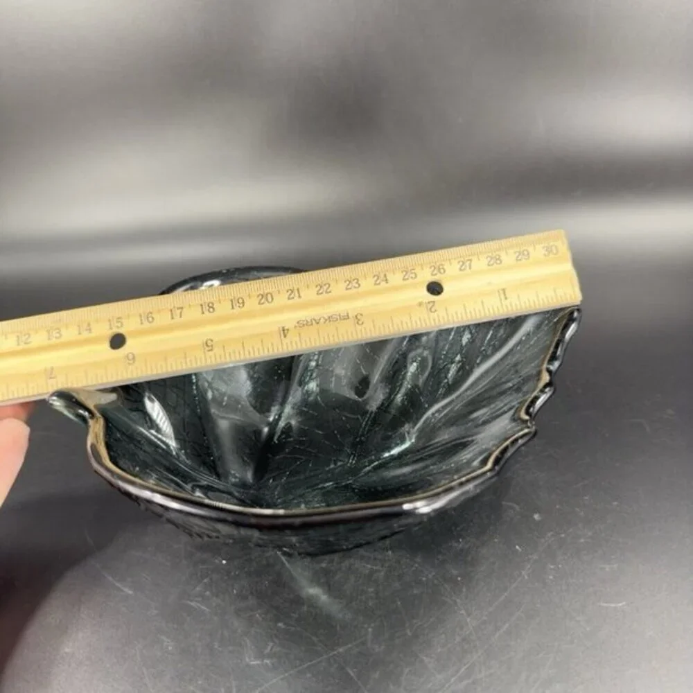 Dynasty Gallery Art Glass Leaf Dish Bowl Fused Dark Smokey Green Glass W Sticker